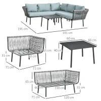 Set da Giardino 4 Pezzi in Rattan con Tavolino da Caffè, 2 Divani ad Angolo e Poltroncina, Nero Grigio e Blu
