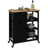 Carrello da Cucina con Ruote con 3 Cassetti, 2 Ripiani Aperti e Vassoio Estraibile 67x37x85,5 cm Nero
