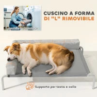 Lettino per Cani Rialzato di 20 cm con Cuscino a L, in Poliestere e Acciaio, 110x75x30 cm, Grigio e Argento
