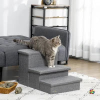 Scala per Cani e Gatti max 5kg a 3 Gradini, in Tessuto Effetto Lino e MDF, 63.5x42.5x40.5 cm, Grigio