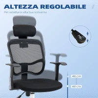 Sedia da Ufficio Ergonomica con Seduta Regolabile e Poggiatesta, in Poliestere e Acciaio, 63x62x106-114 cm, Nero