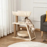 Albero Tiragraffi per Gatti con Lettino, Cuccia e Tappetino, in Legno, Peluche e Sisal, 60x30x76 cm, Marrone Chiaro