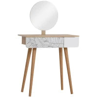 Toeletta Tavolo da Trucco con Specchio Circolare Ф39cm, Consolle Trucco con Cassetto con Decorazione Jungle, Bianco e Rovere, 70x39x119-128cm