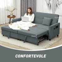 Divano Letto 3 Posti Clic Clac con Schienale Reclinabile e 2 Cuscini, 196x90x89 cm, Grigio