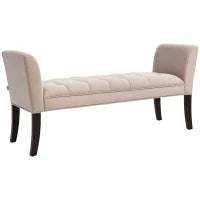 Panca Fondo Letto Imbottita e a Bottoni, in Tessuto Effetto Lino e Legno, 141x44x65 cm, Beige