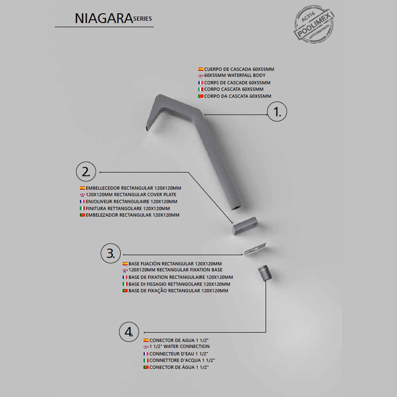 IMEX Cascata per piscina in acciaio inox 316 NIAGARA grigio cobalto per piscina Altezza 68 cm Profondita di 6 cm Eleganza e resistenza nel tuo spazio esterno