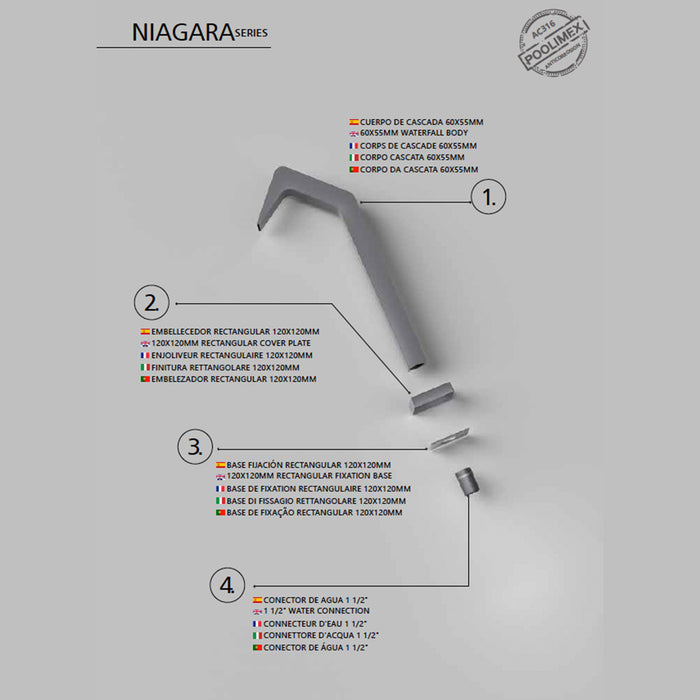 IMEX Cascata per piscina in acciaio inox 316 NIAGARA grigio cobalto per piscina Altezza 68 cm Profondita di 6 cm Eleganza e resistenza nel tuo spazio esterno