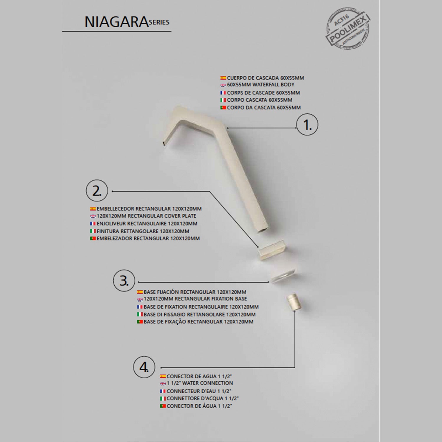 IMEX Cascata per piscina in acciaio inox 316 con finitura moka design elegante e resistente colore beige - modello NIAGARA Altezza 68 cm Profondita di 6 cm