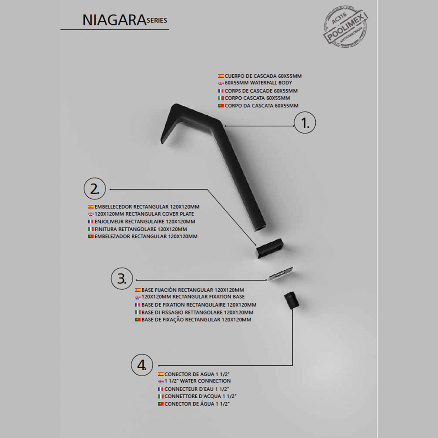 IMEX Cascata per piscina in acciaio inox 316 nero opaco design distintivo e massima anticorrosione dimensioni ottimali NIAGARA Altezza 68 cm Profondita di 6 cm Connessione 1-2