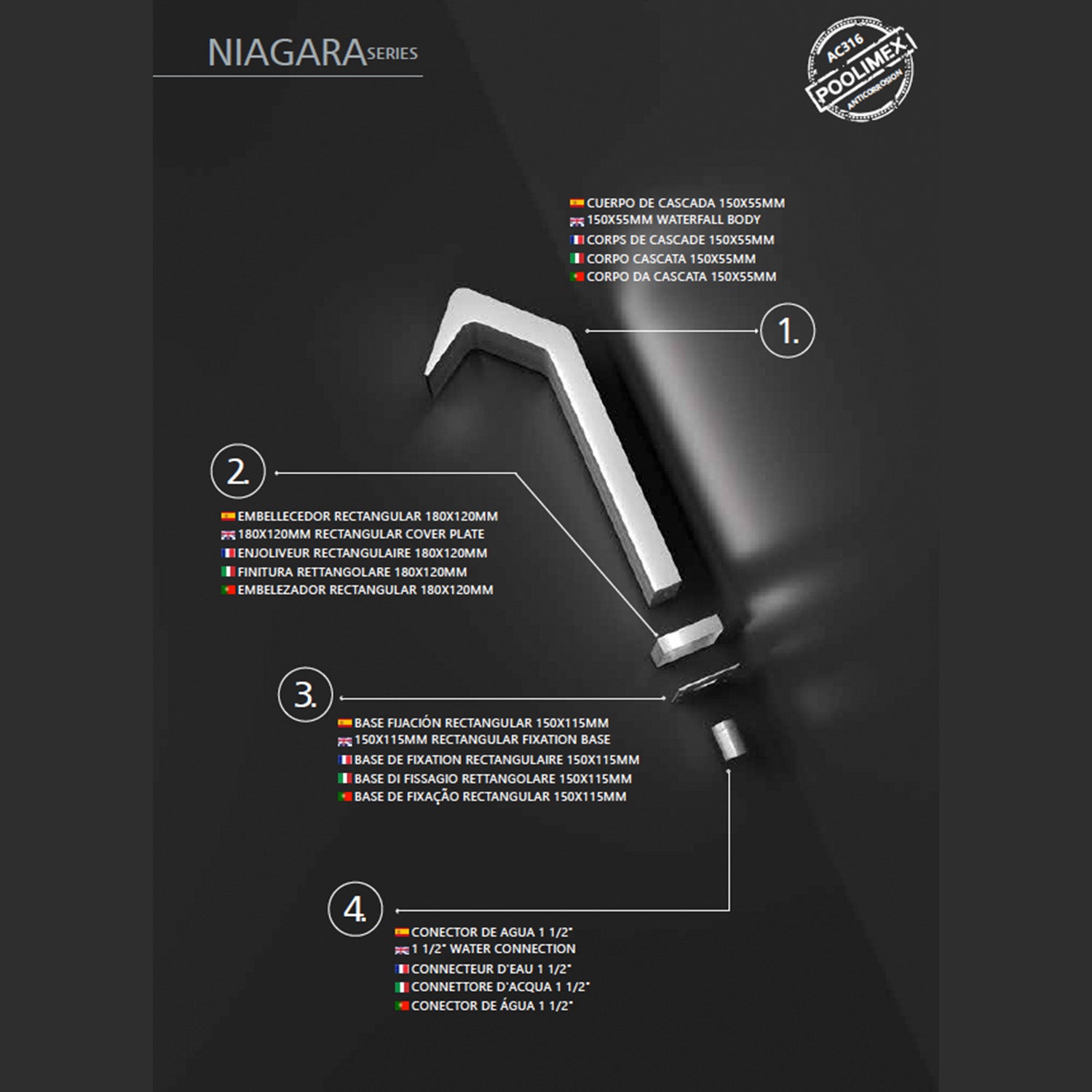 IMEX Cascata per Piscina 68 cm in Acciaio 316L - modello IMEX CPN002 AC Orogettata per durabilita e resistenza nel tempo per unesperienza rilassante nel tuo spazio esterno