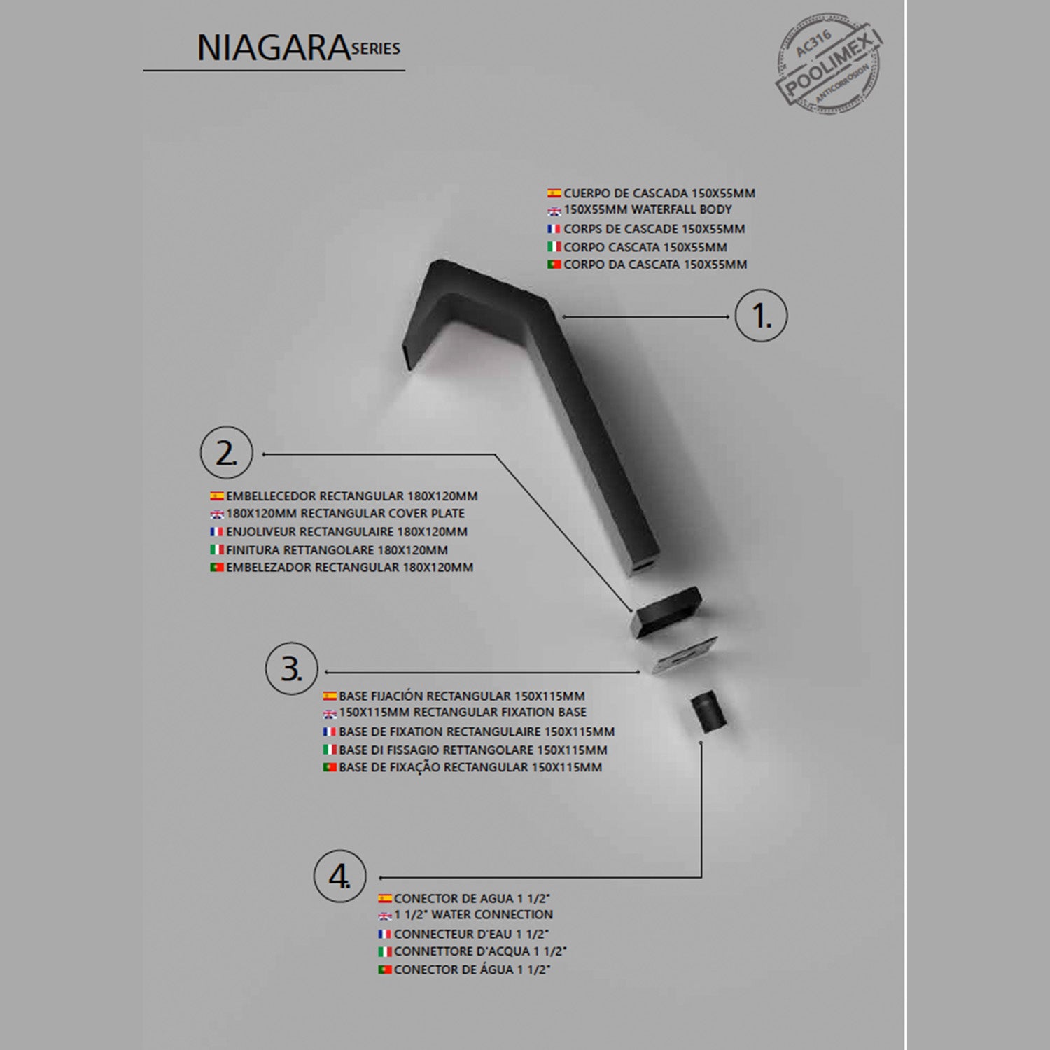 IMEX Cascata per piscina in acciaio inox 316 nero opaco Altezza di 68cm Piedistallo decorativo Offre resistenza anticorrosione Modello NIAGARA