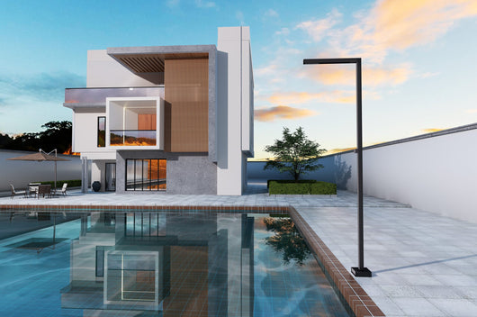 IMEX Doccia piscina in acciaio 316 finitura nero opaco con rubinetto monoforo a 2 vie sistema anticalcare e base decorativa - modello ALABAMA