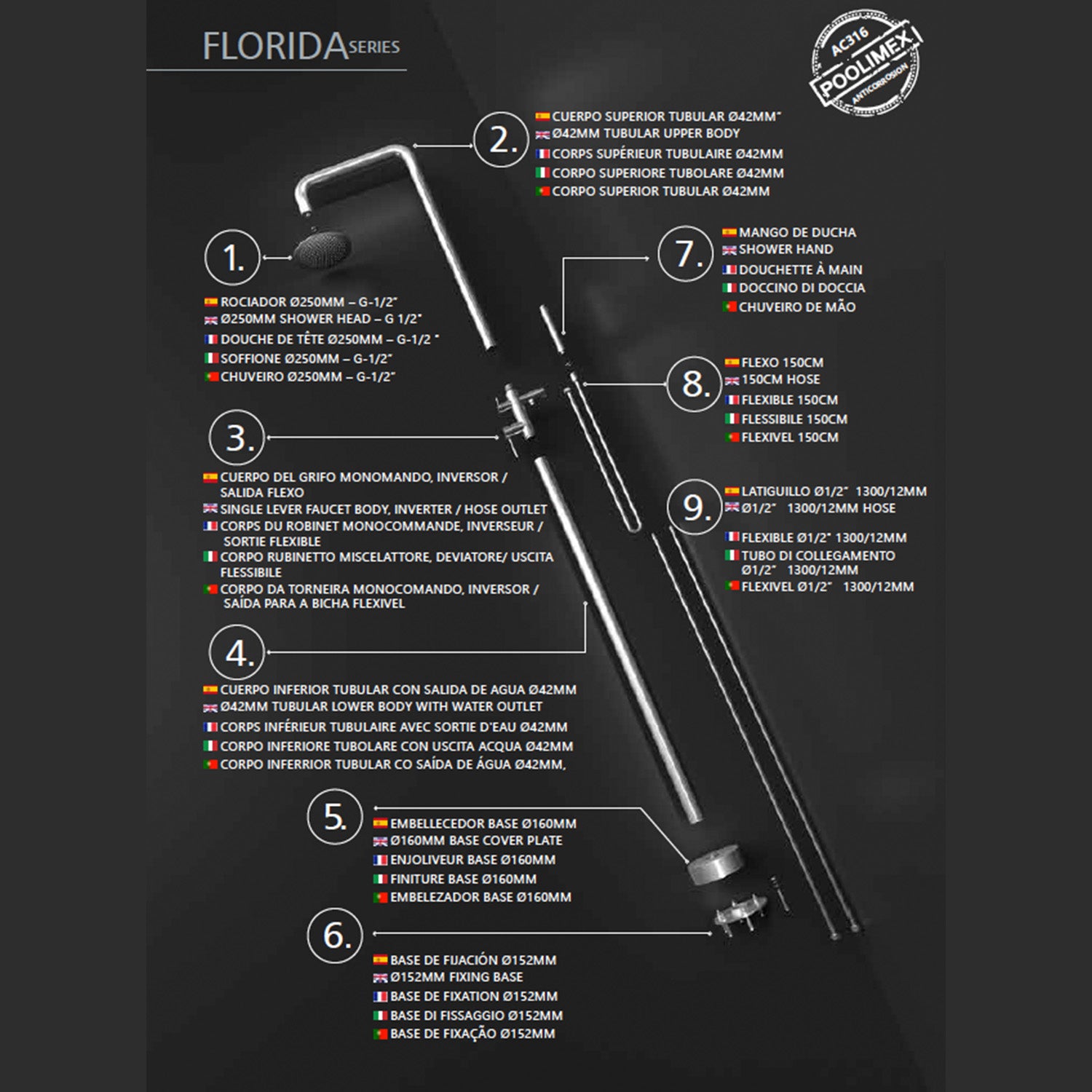 IMEX Cascata per piscina in acciaio 316 con diffusore orientabile e rubinetto monocomando FLORIDA