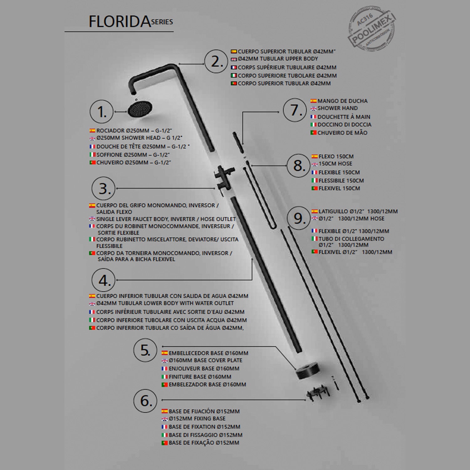 IMEX Doccia Piscina Anticorrosione in Acciaio 316 Nero Opaco con Diffusore Orientabile e Rubinetto Monocomando FLORIDA