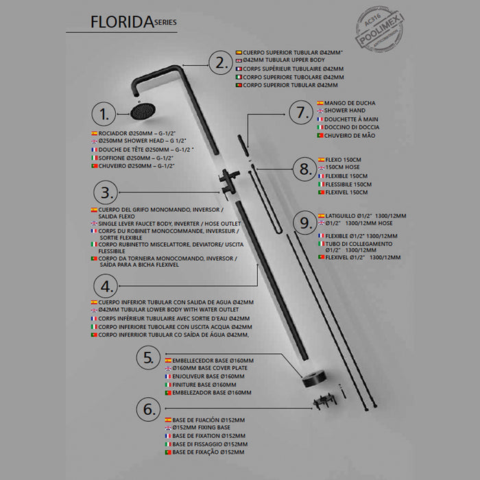 IMEX Doccia Piscina Anticorrosione in Acciaio 316 Nero Opaco con Diffusore Orientabile e Rubinetto Monocomando FLORIDA