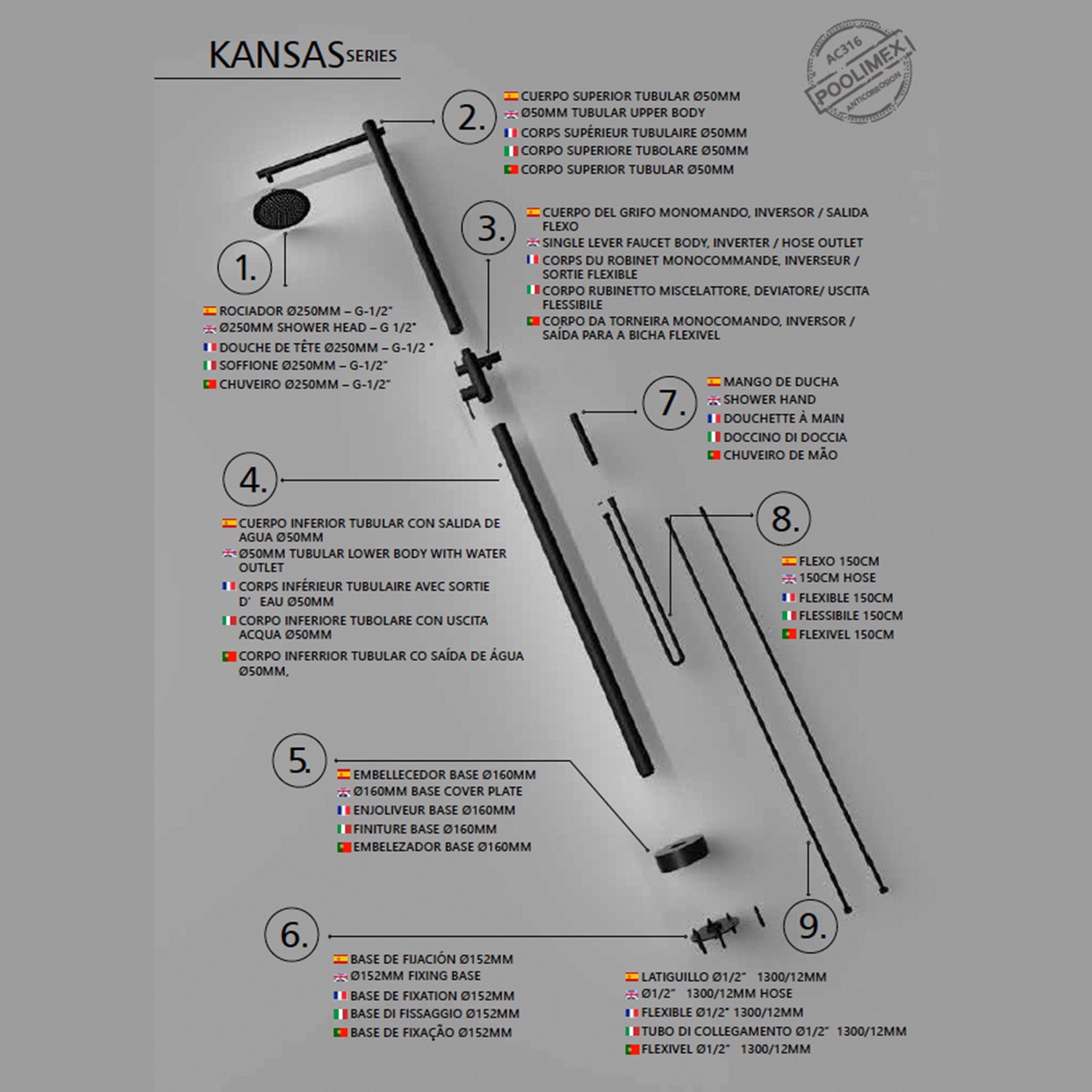 IMEX Doccia nera in acciaio inox 316 con diffusore orientabile da 250 mm e rubinetto monocomando KANSAS