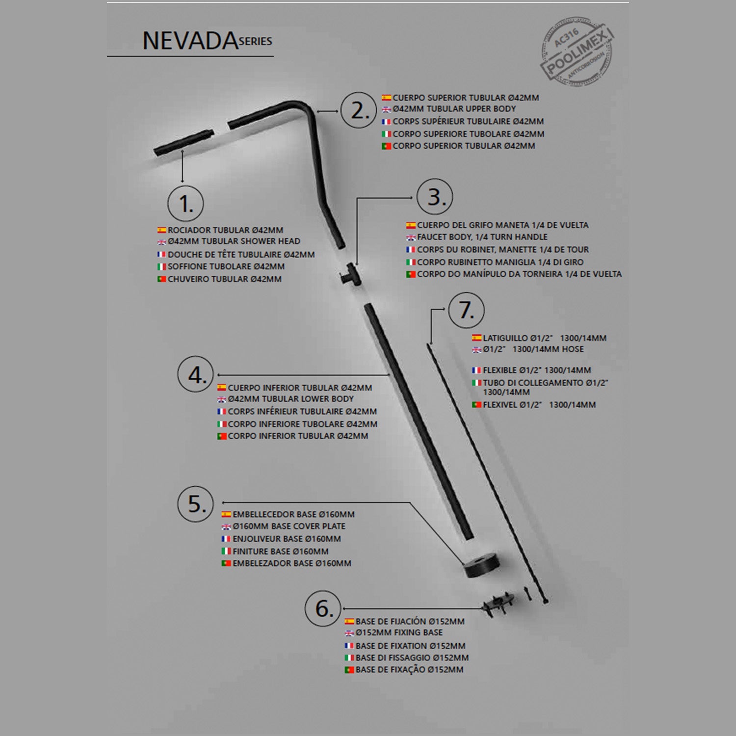 IMEX Doccia piscina nera in inox 316 modello NEVADA design raffinato in acciaio 316 per resistenza e durabilita