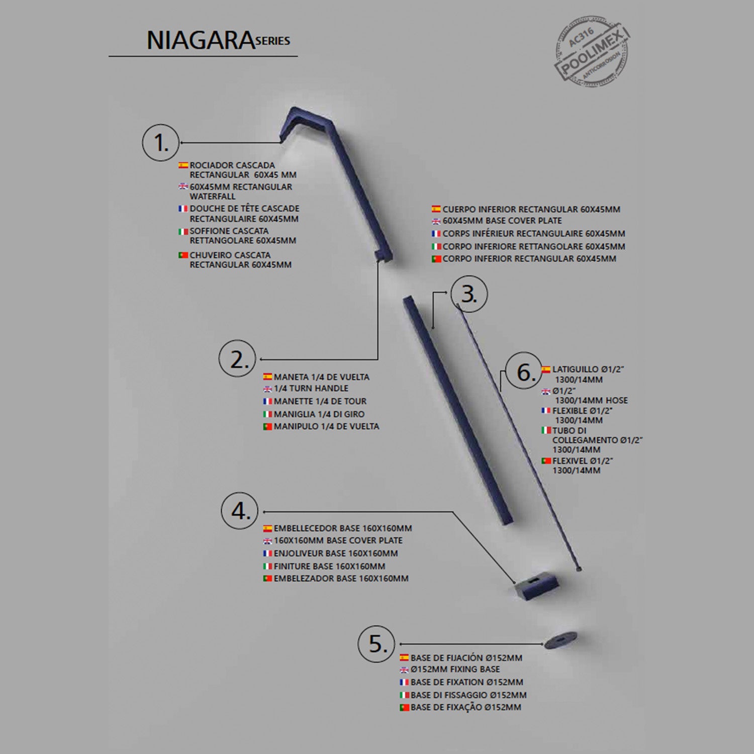 IMEX Doccia piscina in inox 316 blu con diffusore a cascata e base robusta modello NIAGARA