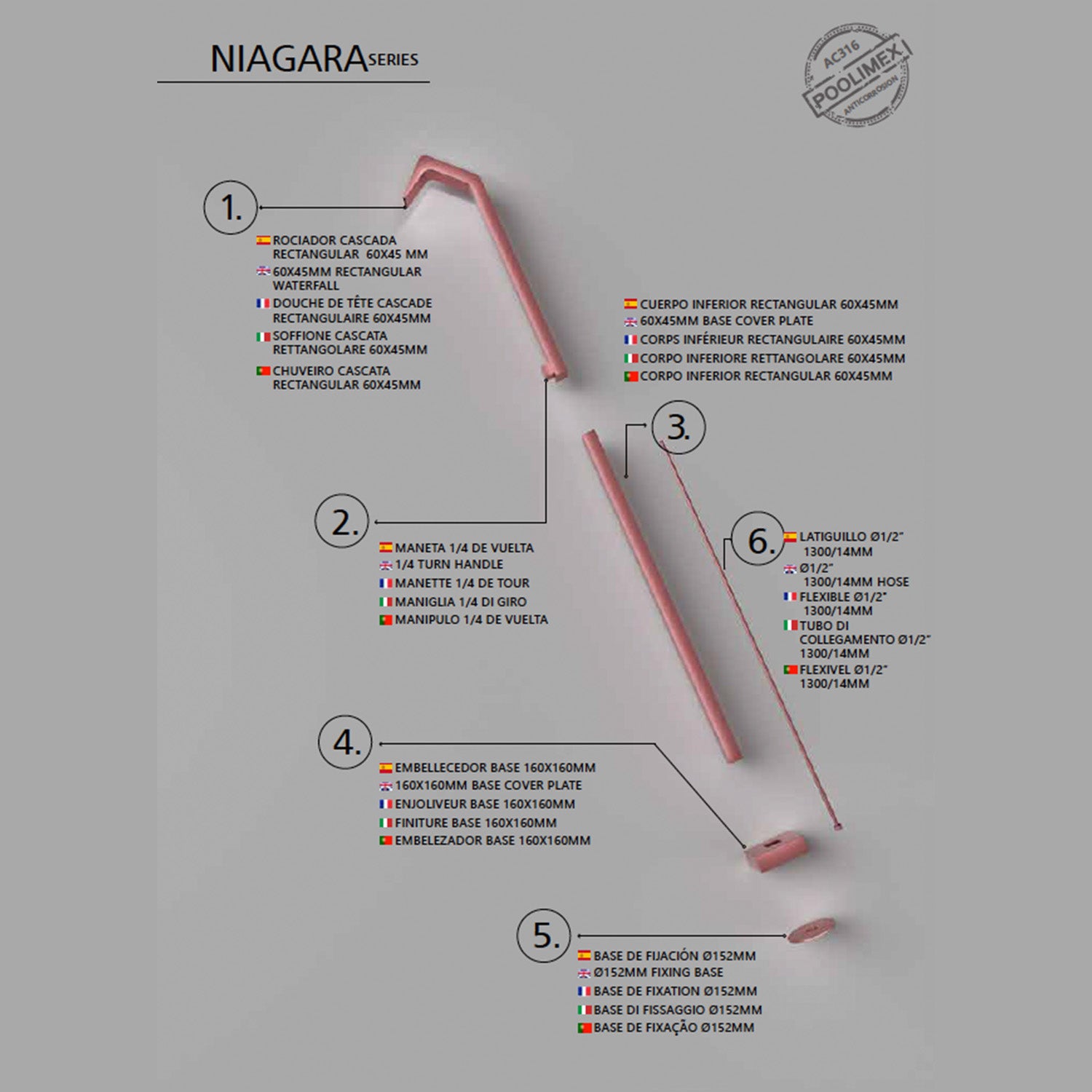 IMEX Doccia piscina in acciaio 316 rosa corallo con diffusore a cascata e rubinetto monoforo a 2 vie NIAGARA