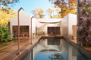 IMEX Doccia piscina in acciaio 316 rosa corallo con diffusore a cascata e rubinetto monoforo a 2 vie NIAGARA