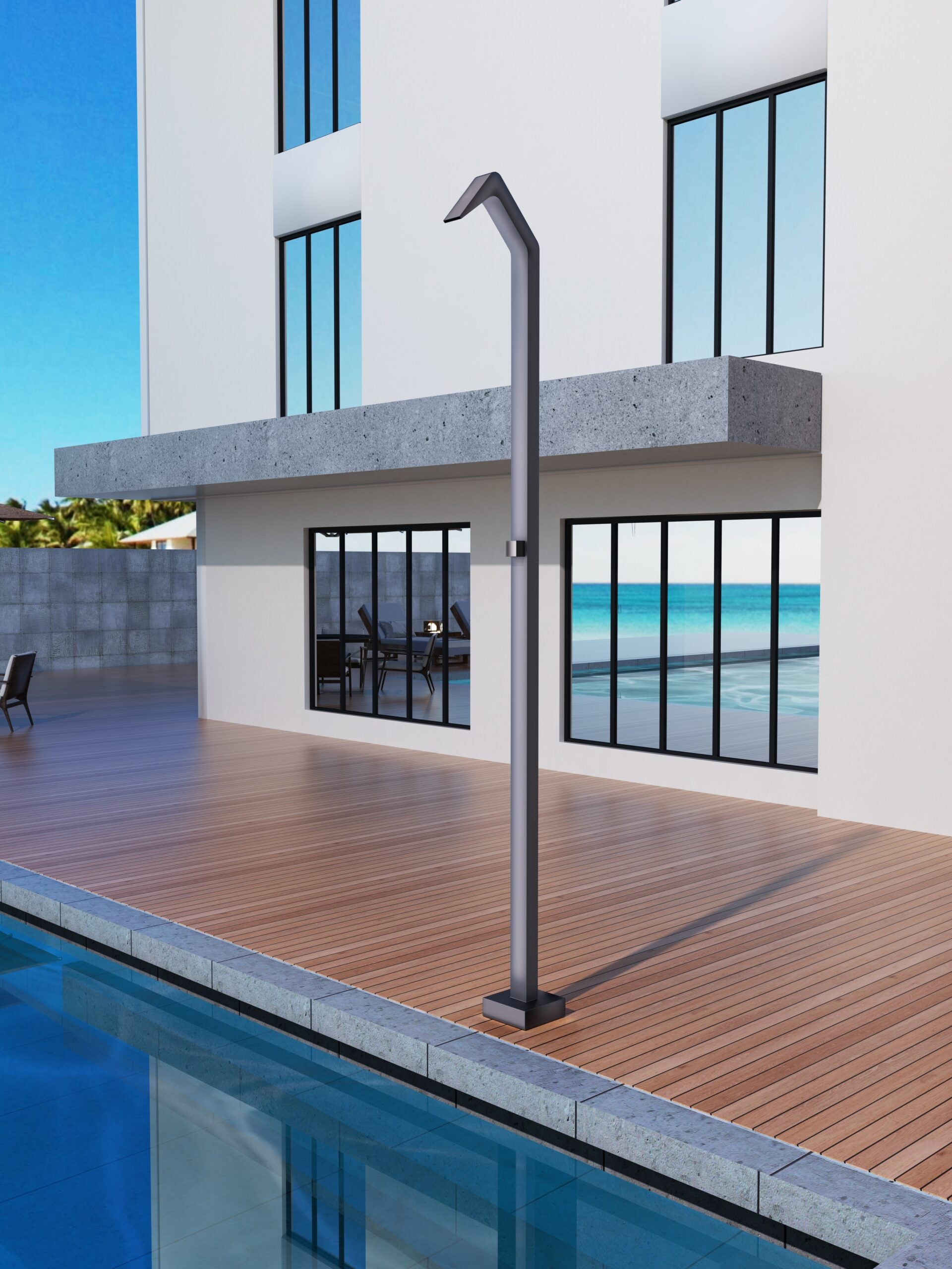 IMEX Doccia piscina in acciaio 316 argento con diffusore a cascata e rubinetto monoforo a 2 vie modello NIAGARA