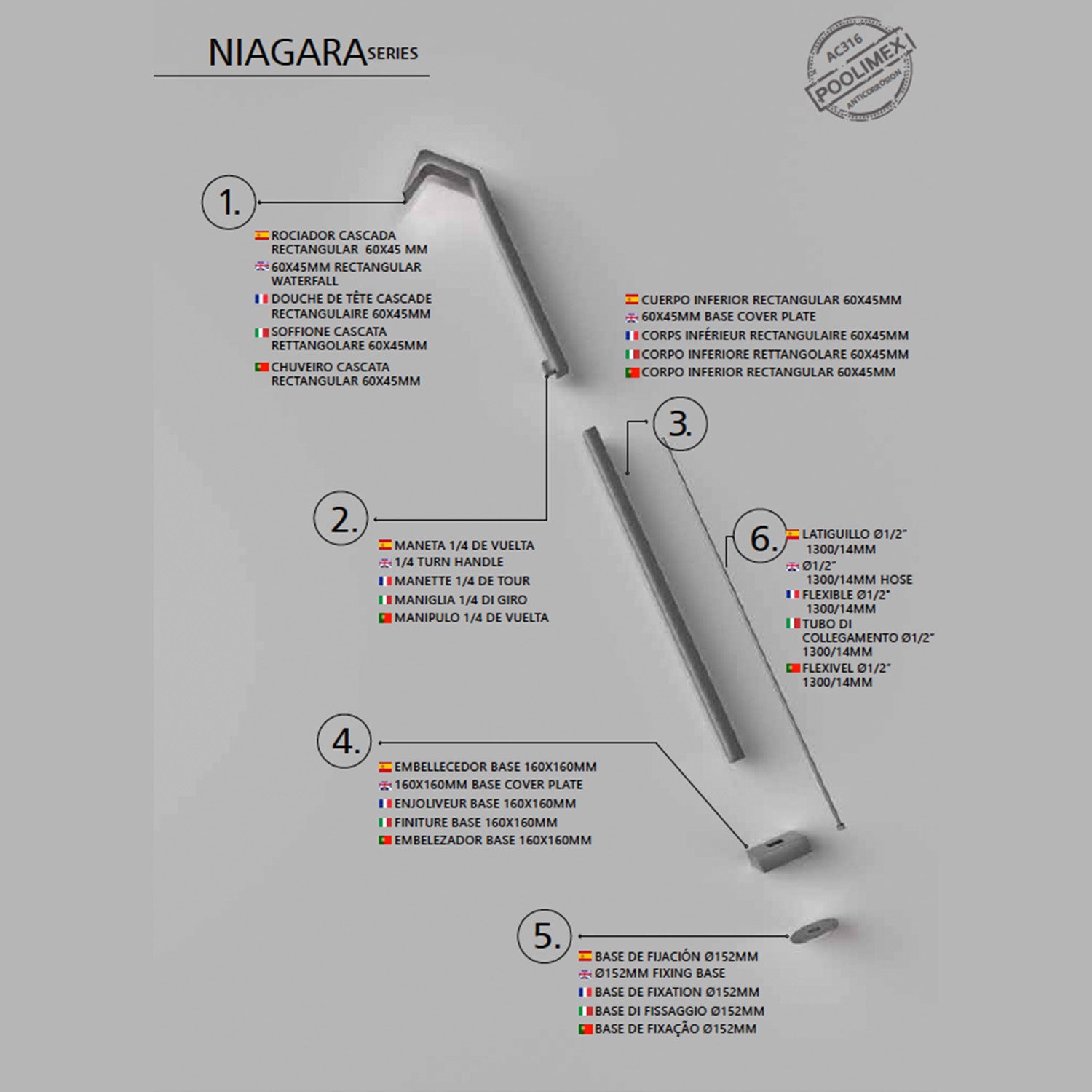 IMEX Doccia piscina in acciaio 316 argento con diffusore a cascata e rubinetto monoforo a 2 vie modello NIAGARA