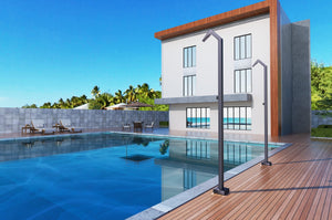 IMEX Doccia piscina in acciaio 316 argento con diffusore a cascata e rubinetto monoforo a 2 vie modello NIAGARA