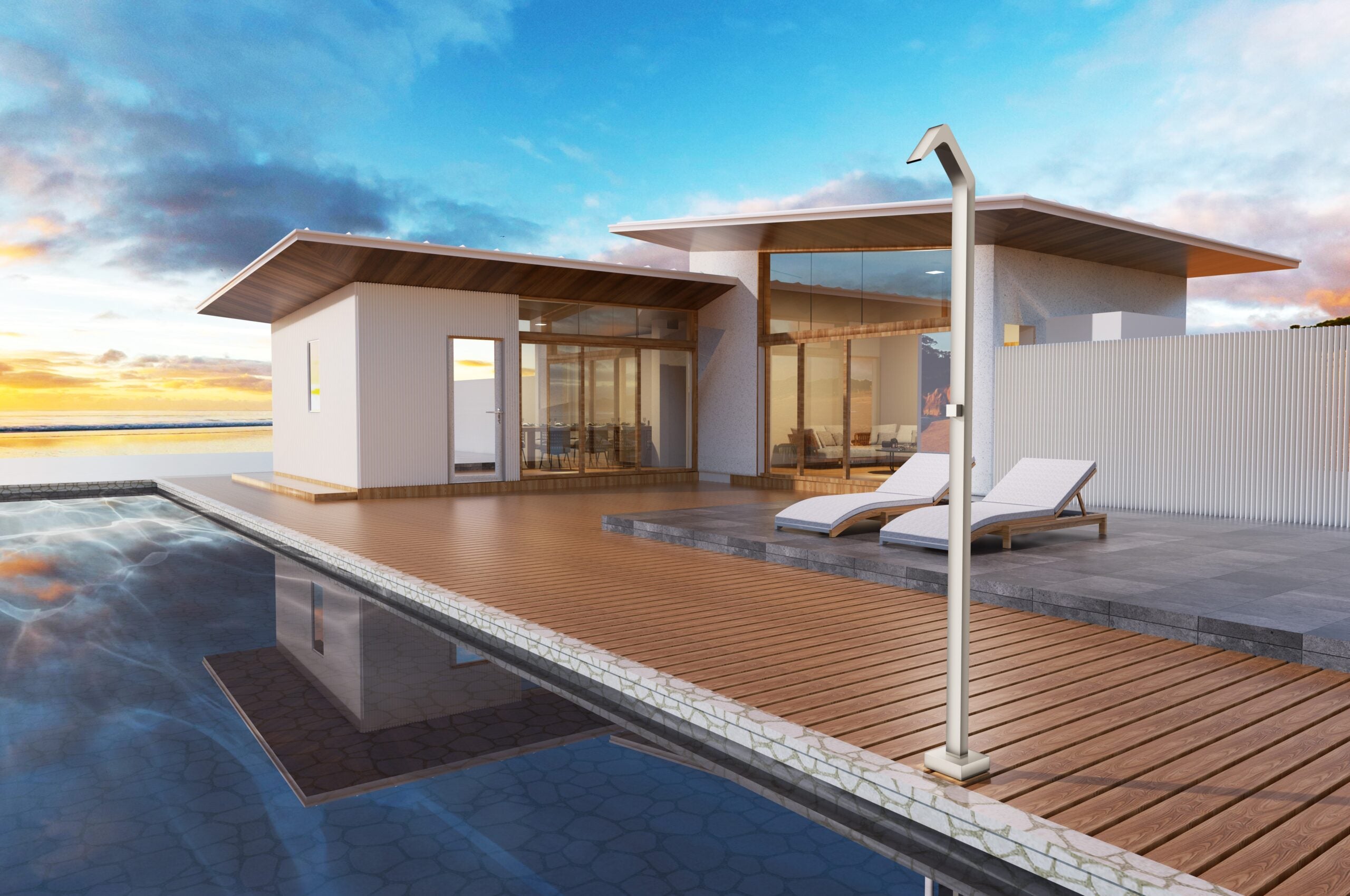 IMEX Doccia piscina in acciaio 316 beige con diffusore a cascata e rubinetto monoforo a 2 vie modello NIAGARA