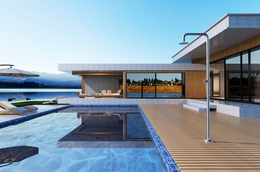 IMEX Doccia per piscina in acciaio 316 con diffusore orientabile e rubinetto monoforo colore acciaio per esterni modello OREGON