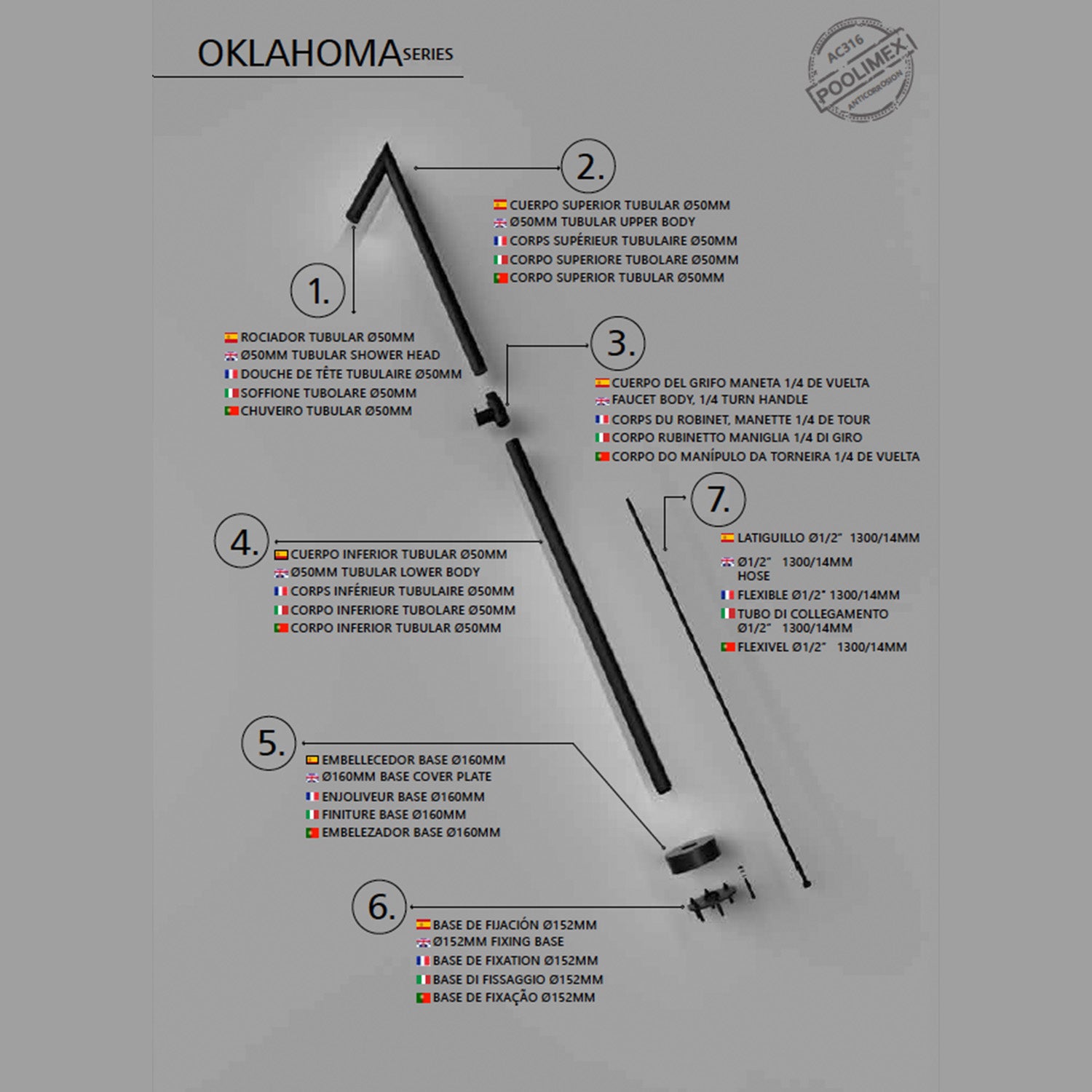 IMEX Doccia in acciaio 316 nera opaca con diffusore anticalcare e rubinetto monoforo modello OKLAHOMA