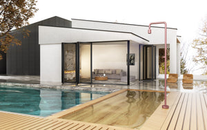 IMEX Doccia piscina rosa corallo in acciaio 316 con diffusore orientabile e rubinetto monoforo modello GPP001-ACL alta qualita anticorrosione per uso esterno