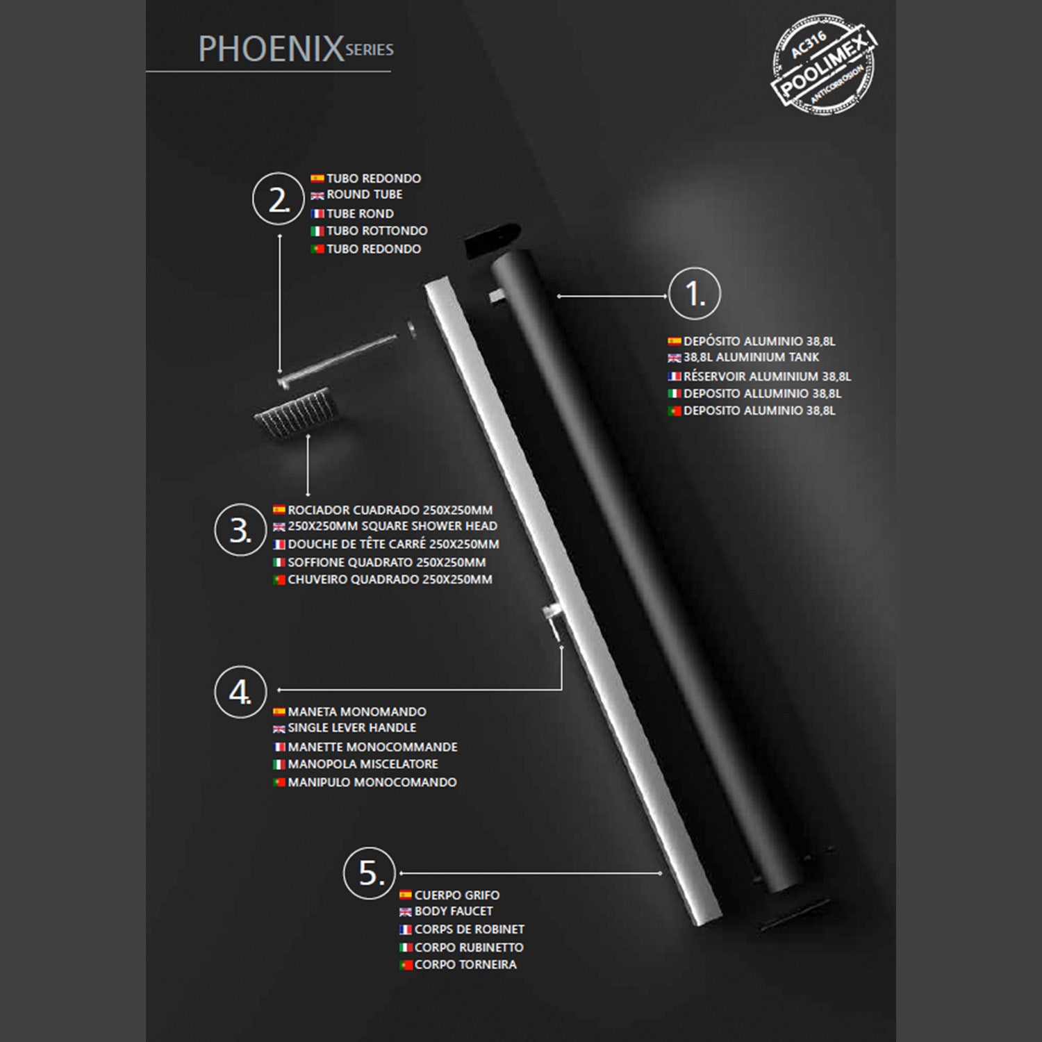 IMEX Doccia piscina in acciaio 316 grigio con rubinetto monovia e diffusore quadrato anticalcare PHOENIX