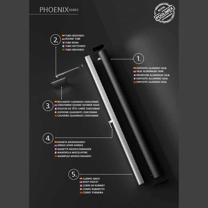 IMEX Doccia piscina in acciaio 316 grigio con rubinetto monovia e diffusore quadrato anticalcare PHOENIX