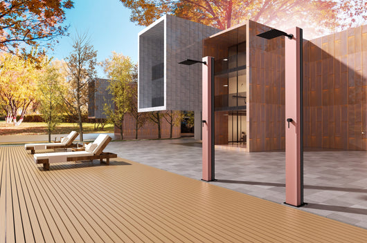 IMEX Doccia piscine in acciaio 316 rosa corallo e nero opaco con rubinetto monovia e diffusore anticalcare modello PHOENIX