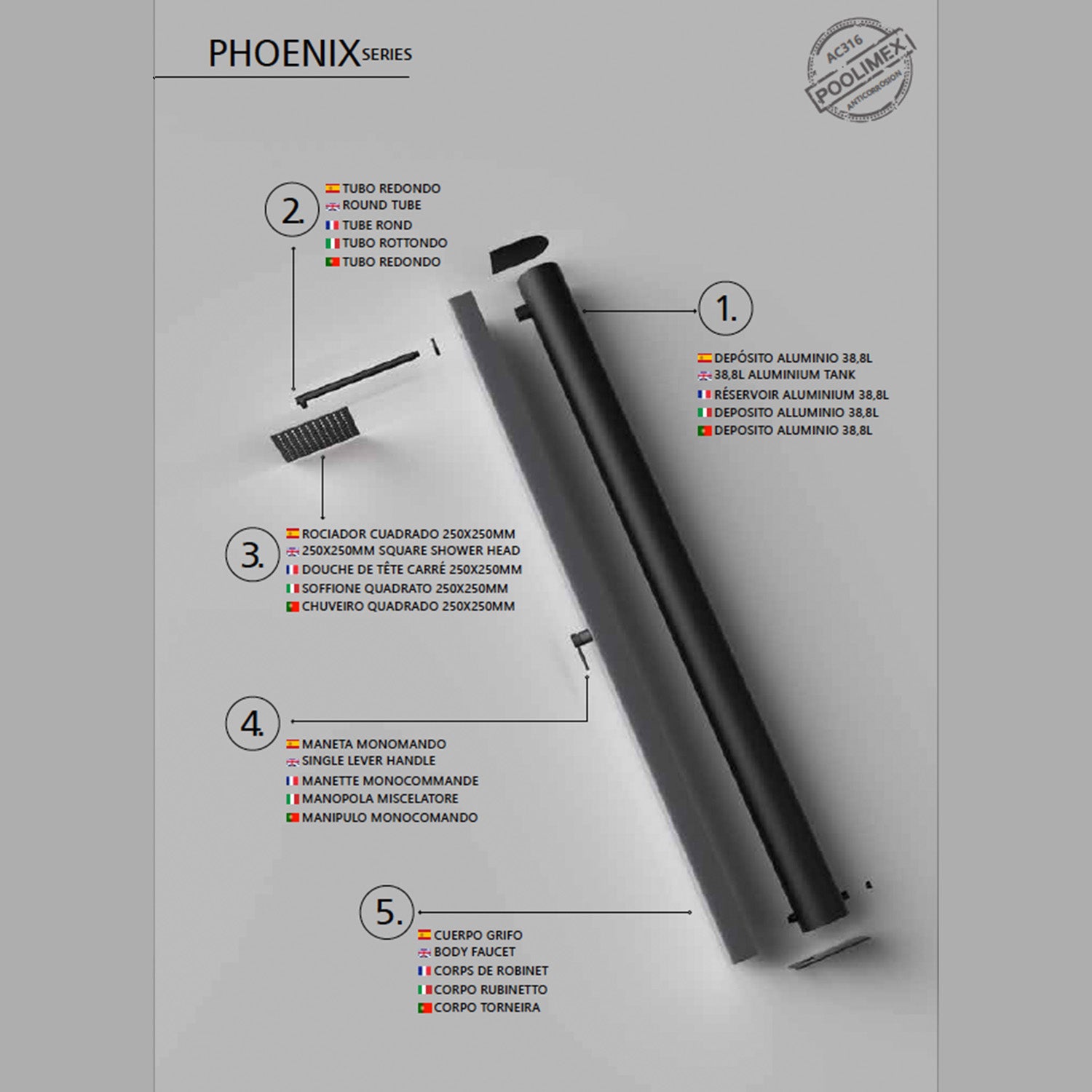 IMEX Doccia piscina in acciaio 316 grigio cobalto e nero opaco con rubinetto monovia e diffusore anticalcare PHOENIX