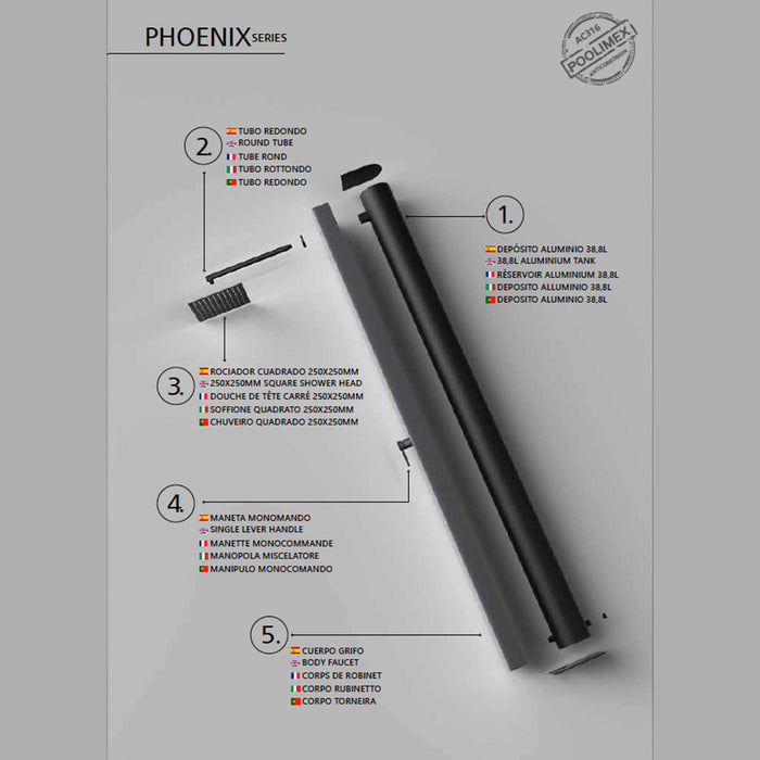 IMEX Doccia piscina in acciaio 316 grigio cobalto e nero opaco con rubinetto monovia e diffusore anticalcare PHOENIX