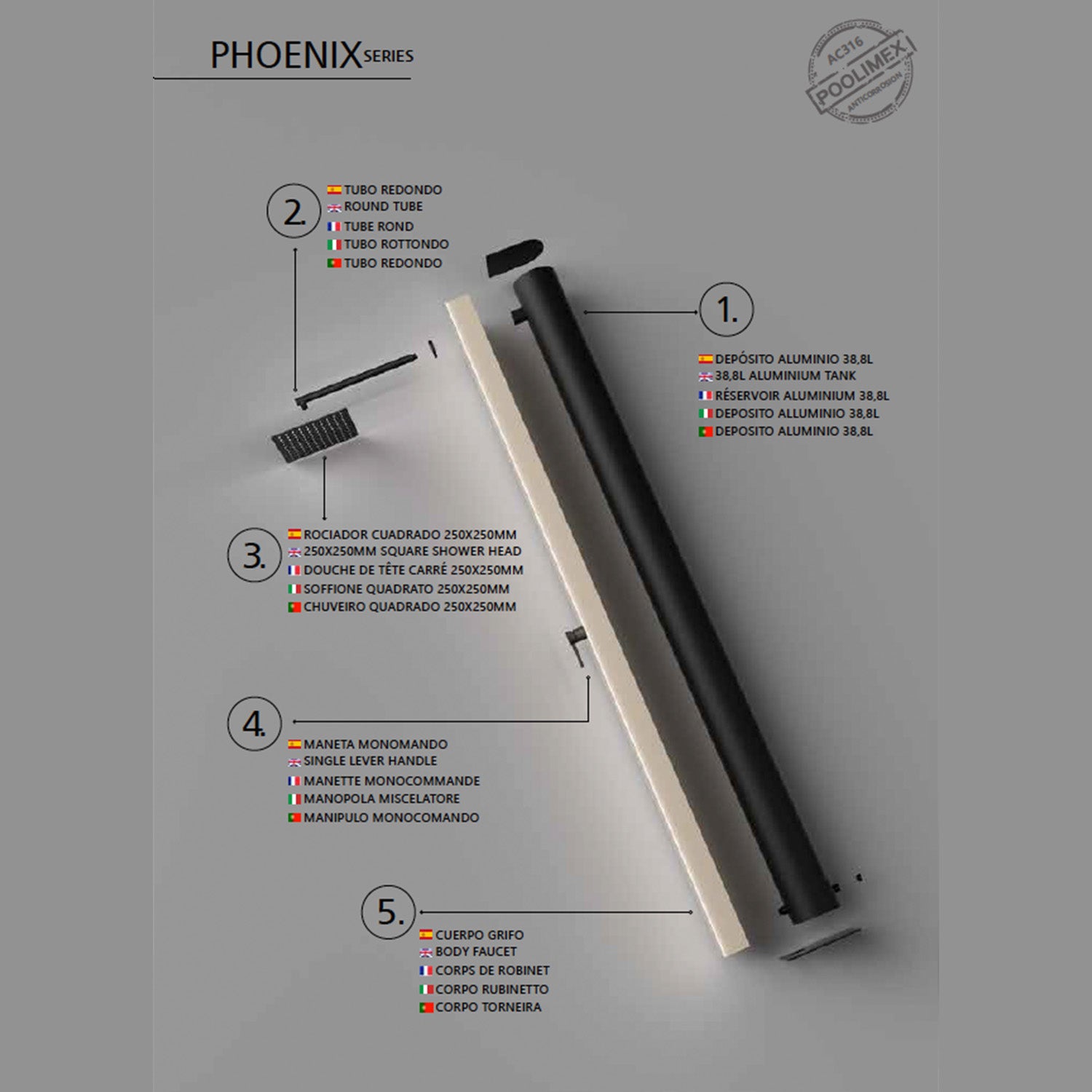 IMEX Doccia solare da piscina in acciaio S316 color beige con serbatoio in alluminio da 39 litri e diffusore anticalcare modello Alaska