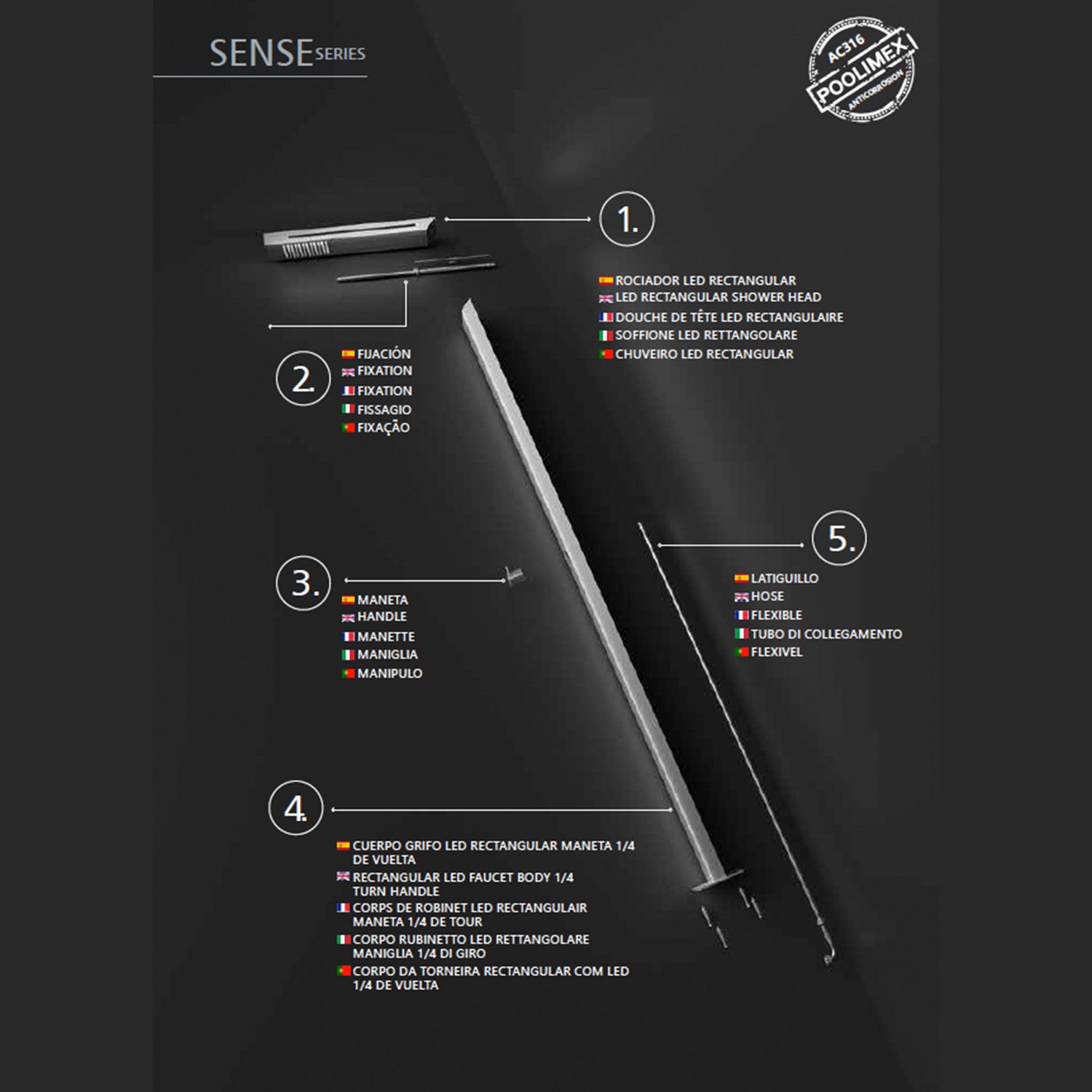 IMEX Doccia da piscina in acciaio 316 con luce SENSE rubinetto monoforo a 2 vie diffusore anticalcare ideale per esterno modello IMEX-GPS016-AC