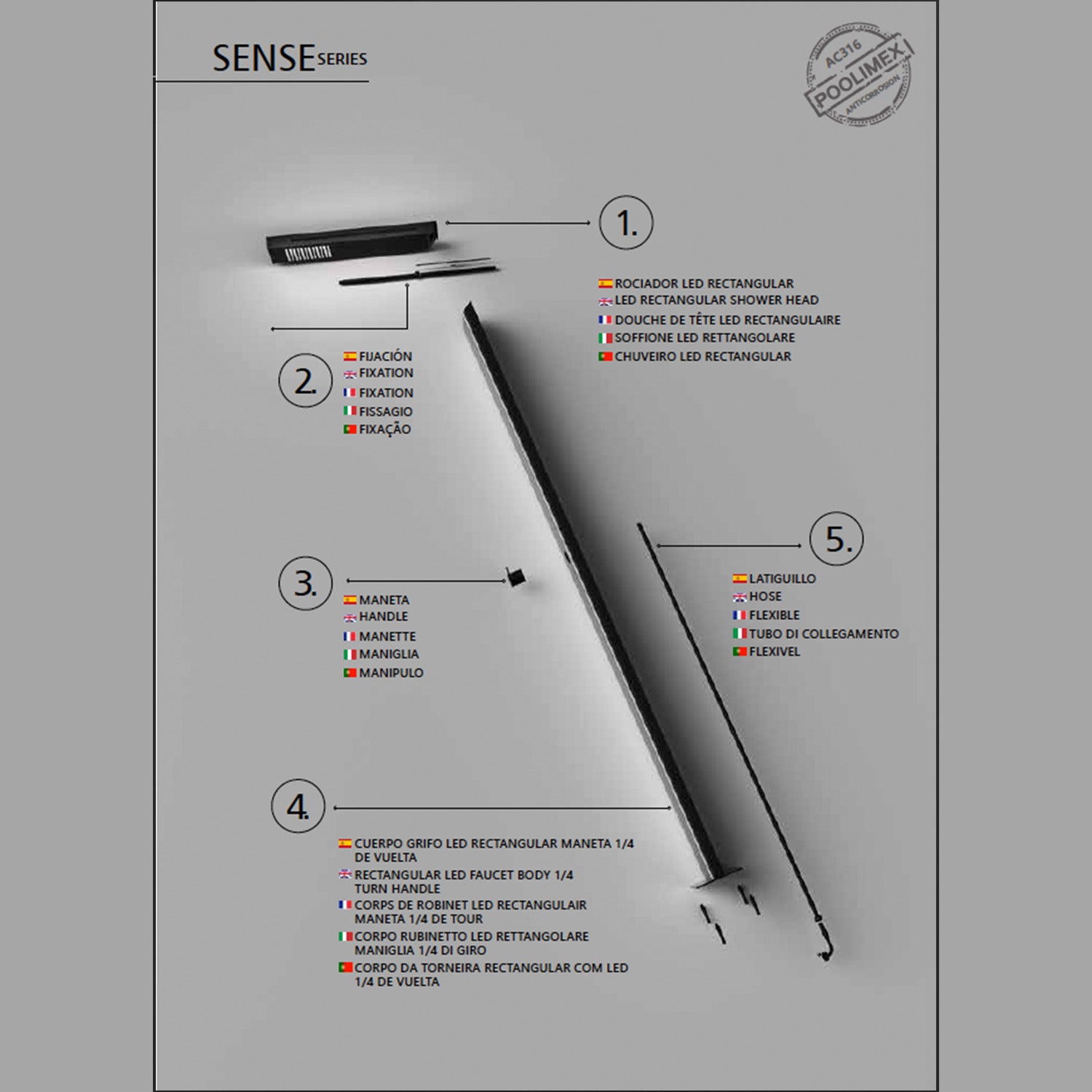 IMEX Doccia per piscine in acciaio 316 nera con illuminazione a LED e sistema anticalcare SENSE