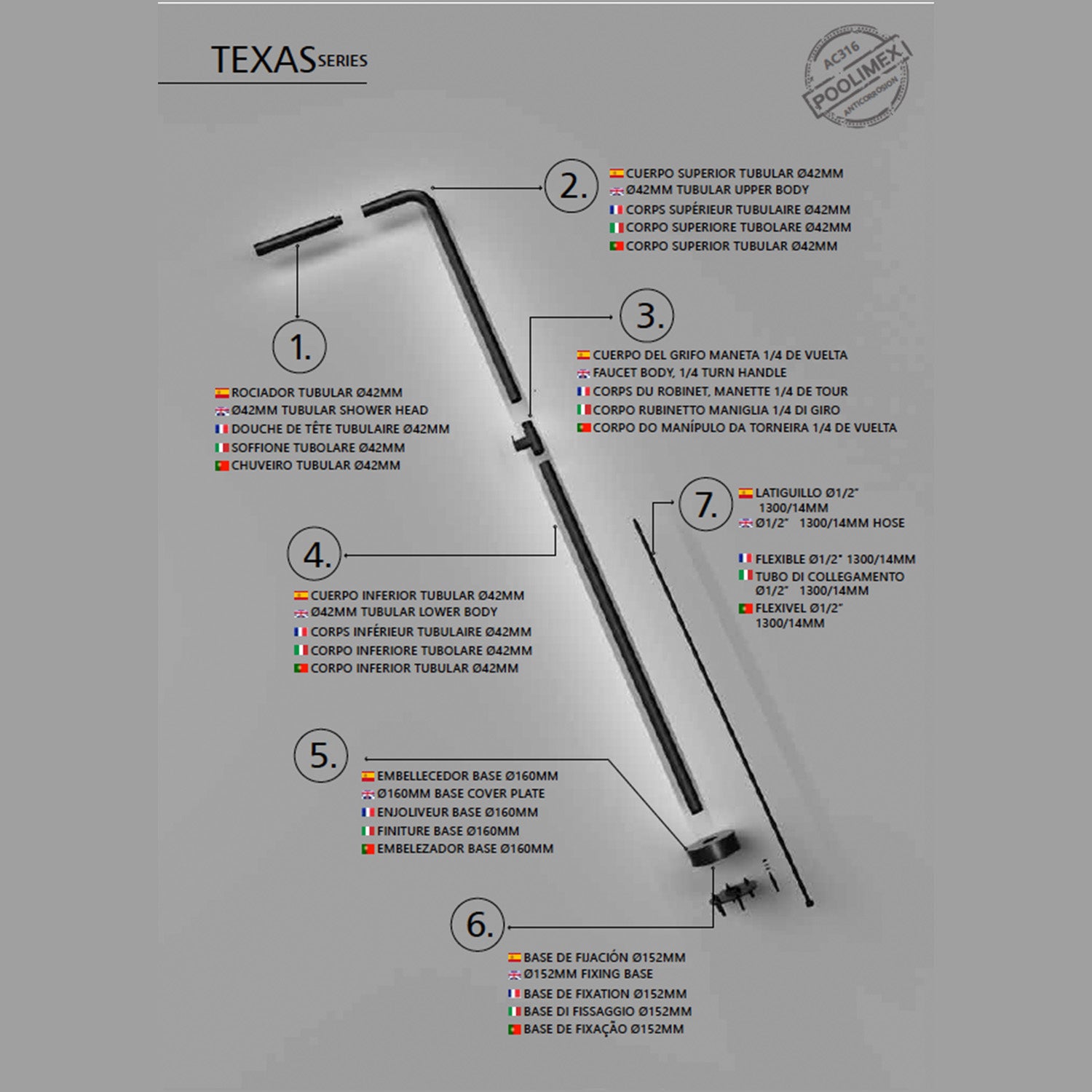 IMEX Doccia in acciaio inox 316 nera per piscina con diffusore anticalcare e rubinetto monoforo TEXAS