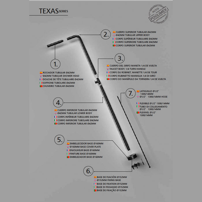 IMEX Doccia in acciaio inox 316 nera per piscina con diffusore anticalcare e rubinetto monoforo TEXAS