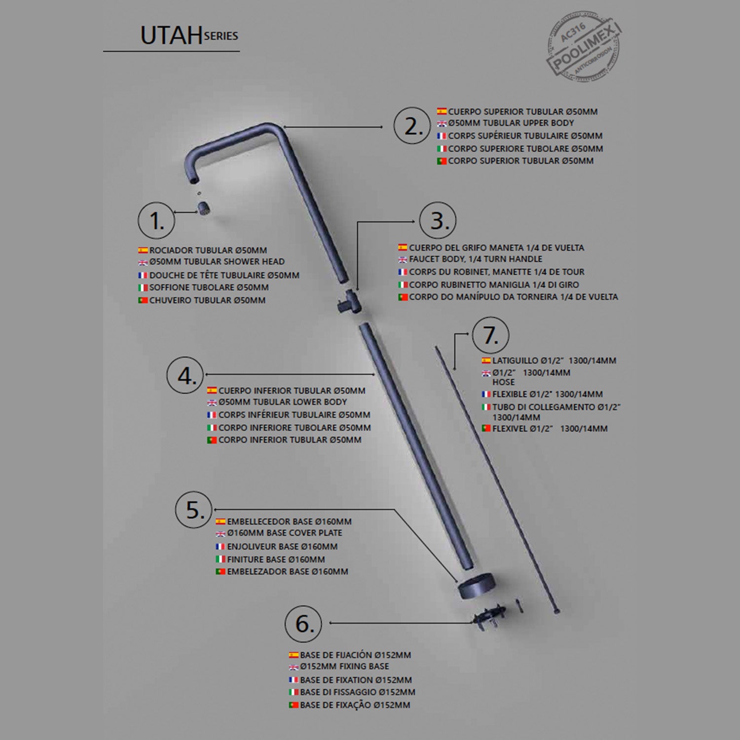 IMEX Doccia piscina in acciaio 316 blu oceano con rubinetto monoforo e sistema anticalcare modello UTAH