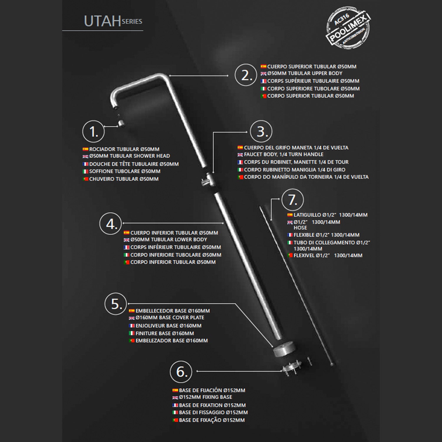 IMEX Doccia Piscina in Acciaio 316 Diffusore Anticalcare Ø50mm Rubinetto Monoforo Base Decorativa Ø160mm - Modello UTAH