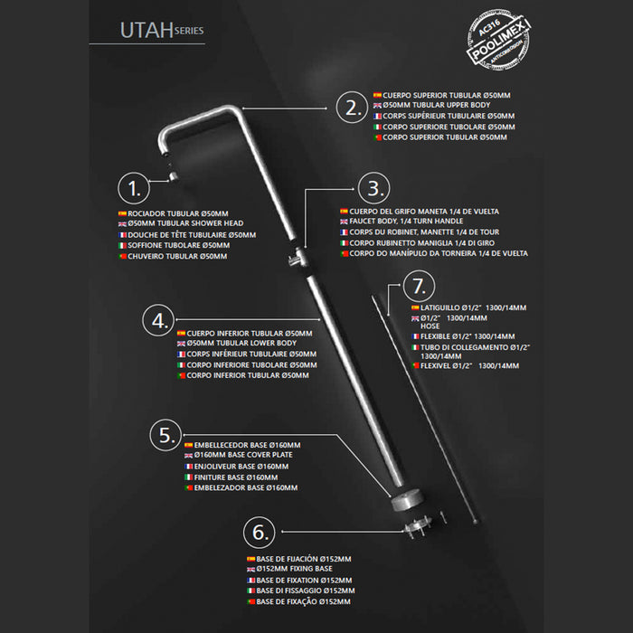 IMEX Doccia Piscina in Acciaio 316 Diffusore Anticalcare Ø50mm Rubinetto Monoforo Base Decorativa Ø160mm - Modello UTAH