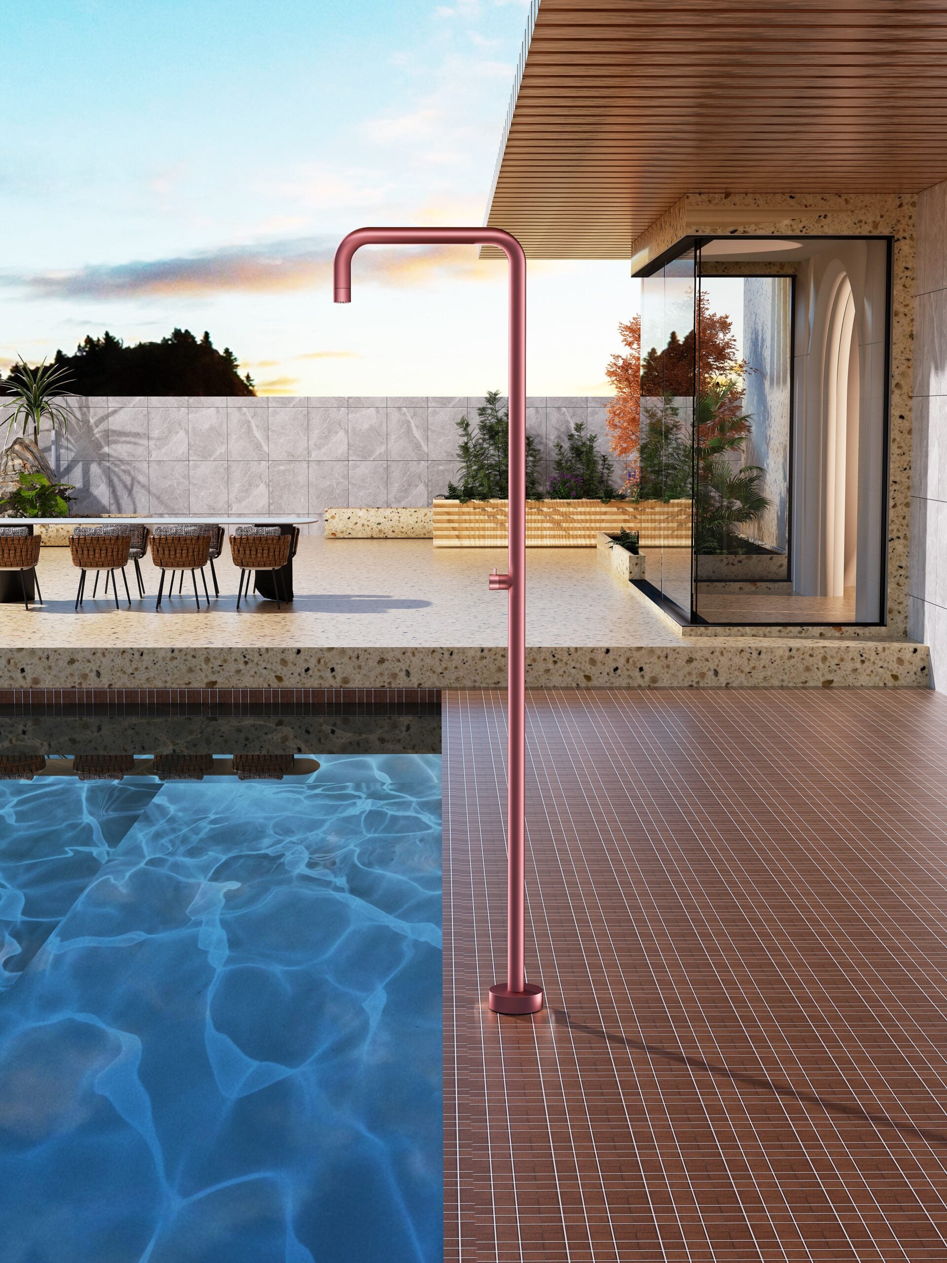 IMEX Doccia piscina in acciaio 316 rosa con diffusore anticalcare Ø50 mm e rubinetto monoforo modello UTAH