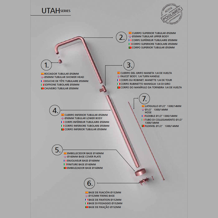 IMEX Doccia piscina in acciaio 316 rosa con diffusore anticalcare Ø50 mm e rubinetto monoforo modello UTAH