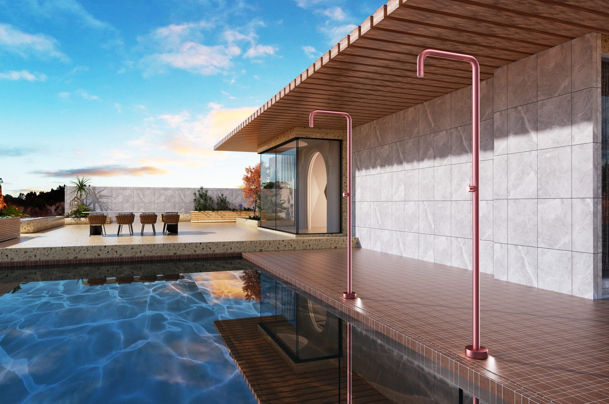 IMEX Doccia piscina in acciaio 316 rosa con diffusore anticalcare Ø50 mm e rubinetto monoforo modello UTAH