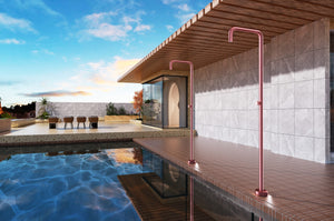 IMEX Doccia piscina in acciaio 316 rosa con diffusore anticalcare Ø50 mm e rubinetto monoforo modello UTAH