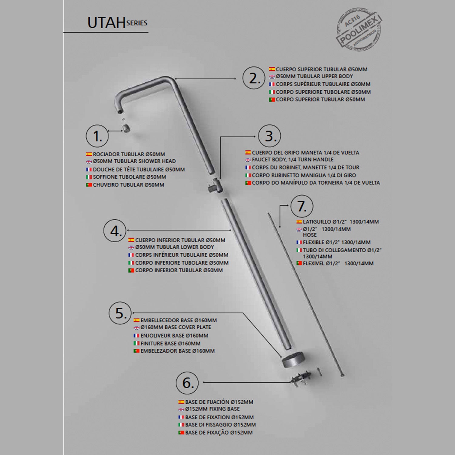 IMEX Doccia piscina in acciaio S316 grigio cobalto con diffusore anticalcare e rubinetto monoforo modello UTAH