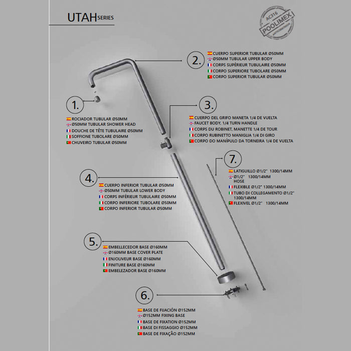 IMEX Doccia piscina in acciaio S316 grigio cobalto con diffusore anticalcare e rubinetto monoforo modello UTAH